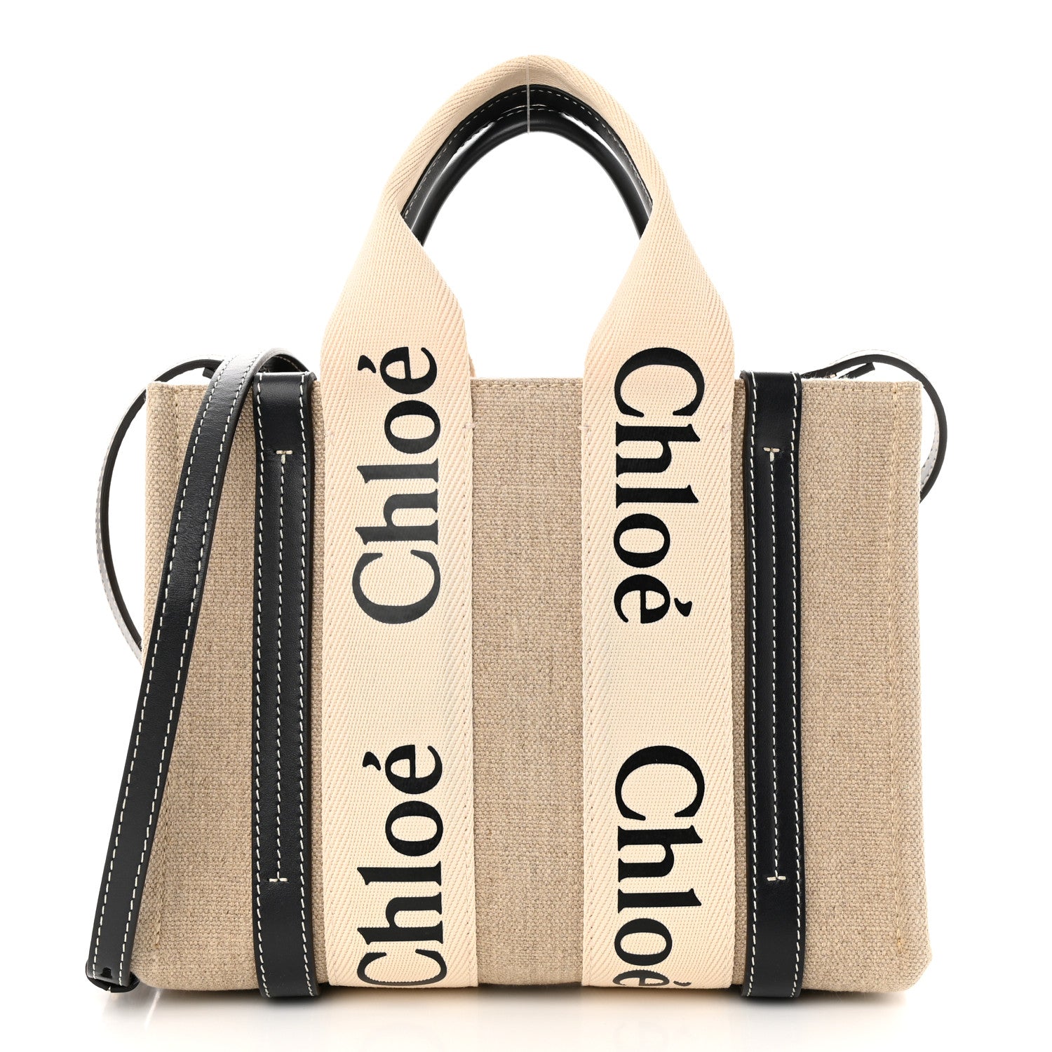 Chloe Linen Calfskin Small Woody Ribbon Tote White Black 1 of 10