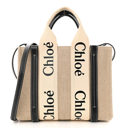 Chloe Linen Calfskin Small Woody Ribbon Tote White Black 1 of 10