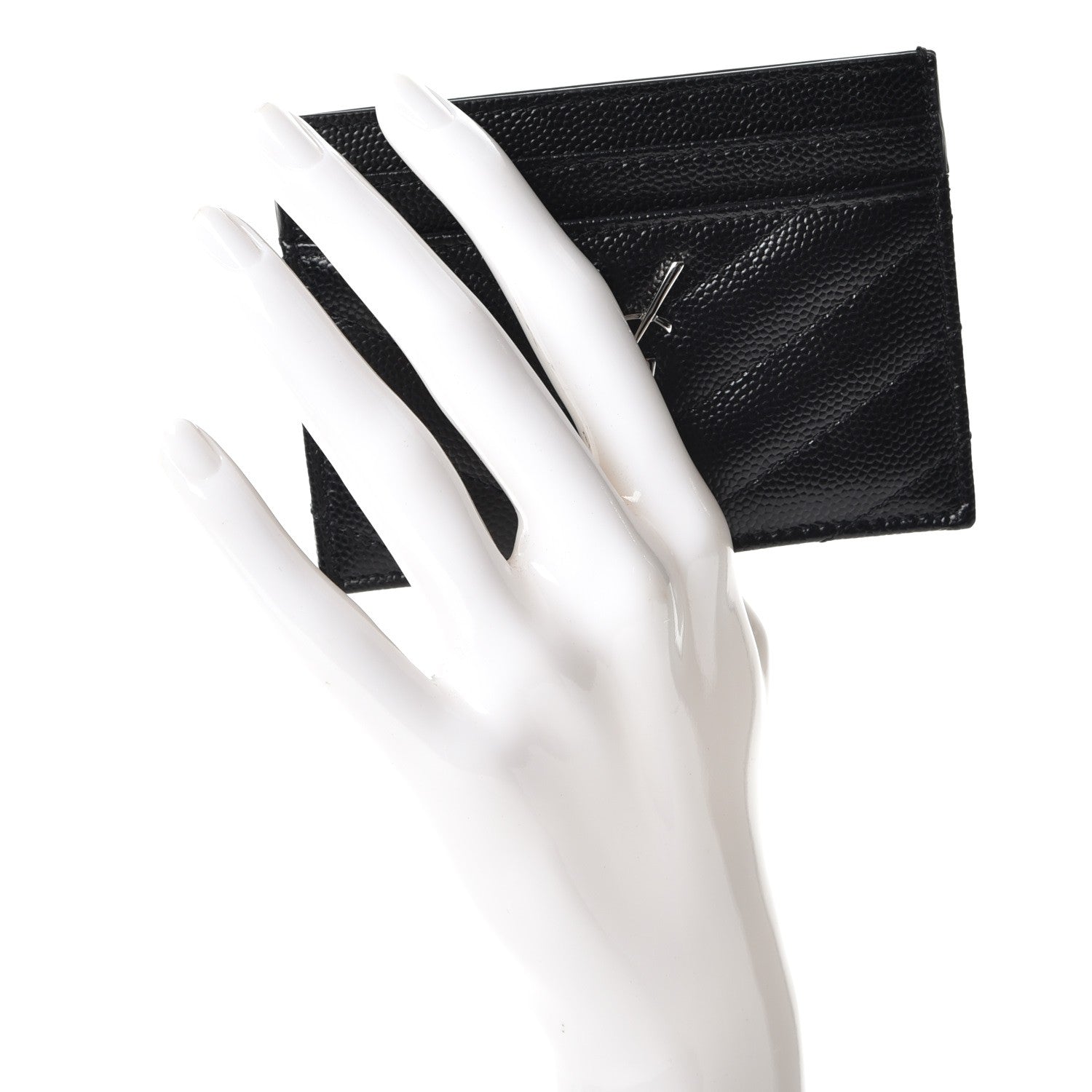 Saint Laurent Grain De Poudre Matelasse Chevron Monogram Credit Card Case Black 2 of 8