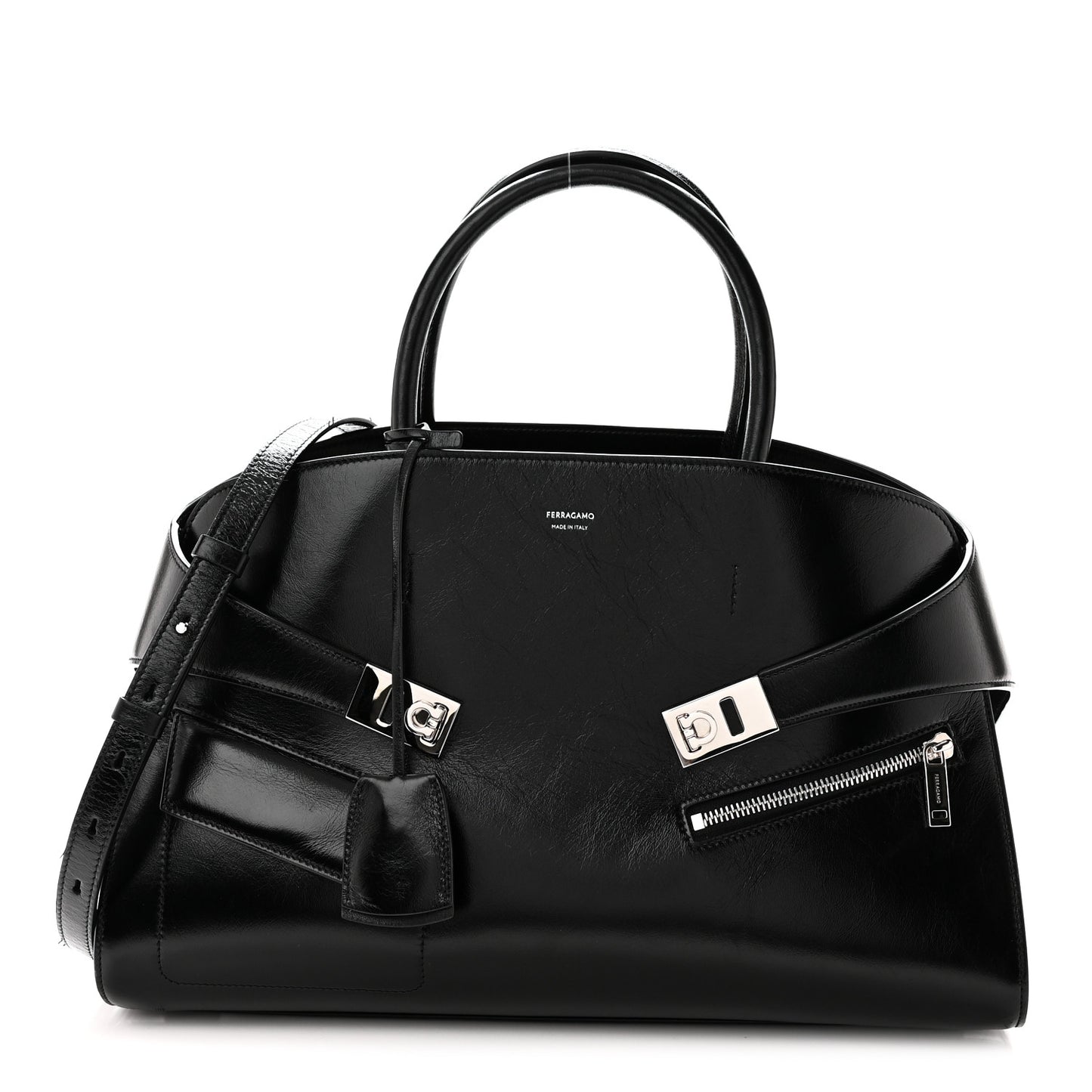 Shiny Calfskin Medium Hug Zip Pocket Shoulder Bag Black