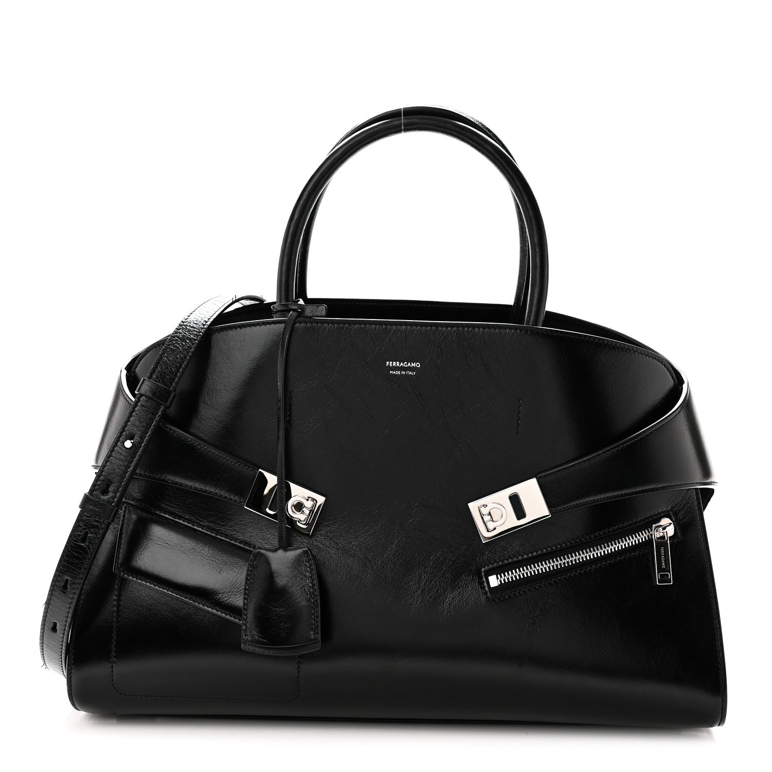 Salvatore Ferragamo Shiny Calfskin Medium Hug Zip Pocket Shoulder Bag Black 1 of 9