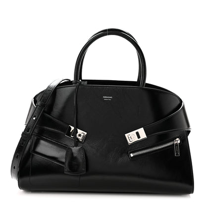 Salvatore Ferragamo Shiny Calfskin Medium Hug Zip Pocket Shoulder Bag Black 1 of 9