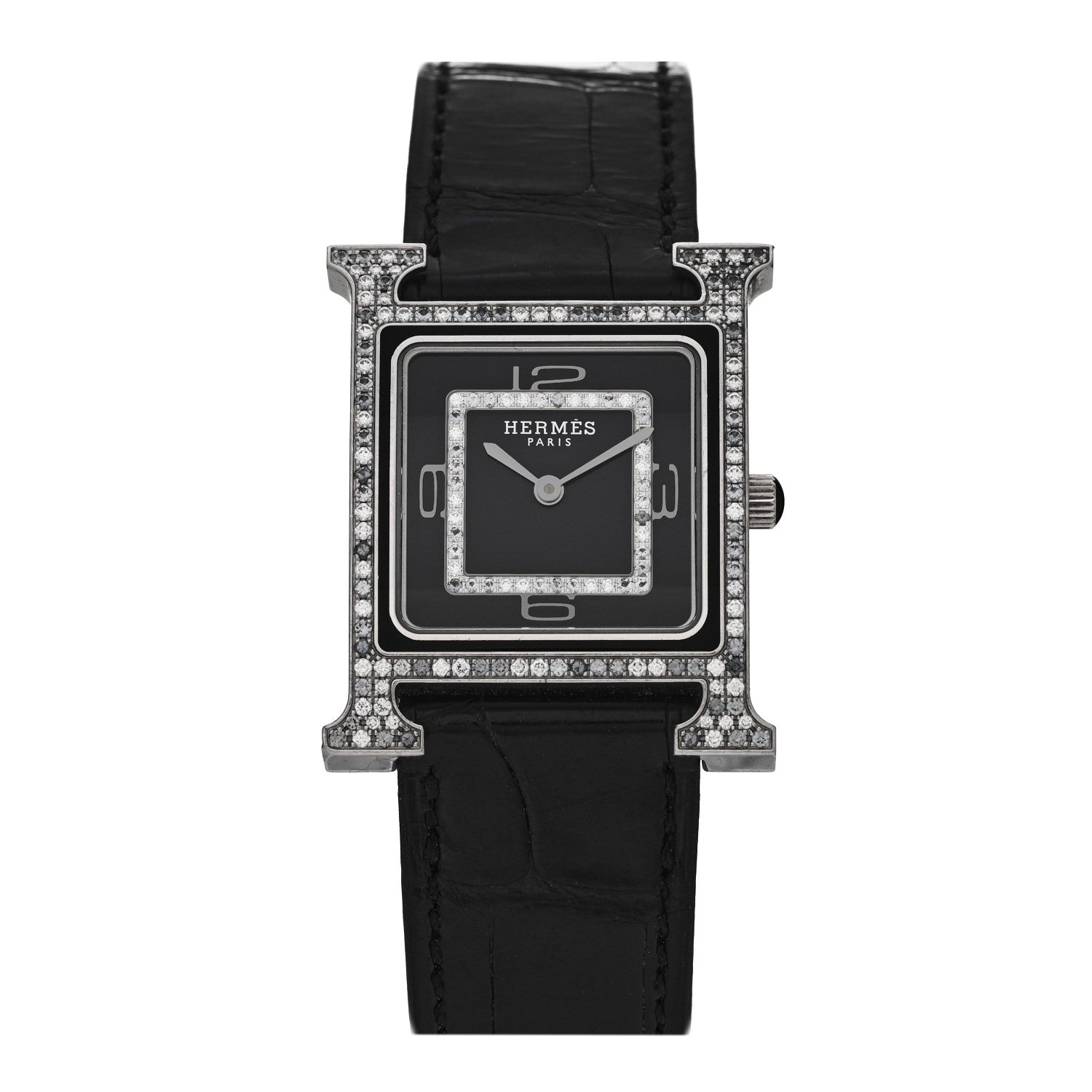 Hermes 18K White Gold Alligator Diamond Grey Sapphire 26mm Heure H Hour Quartz Watch Noir 1 of 5
