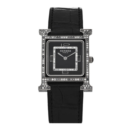 Hermes 18K White Gold Alligator Diamond Grey Sapphire 26mm Heure H Hour Quartz Watch Noir 1 of 5