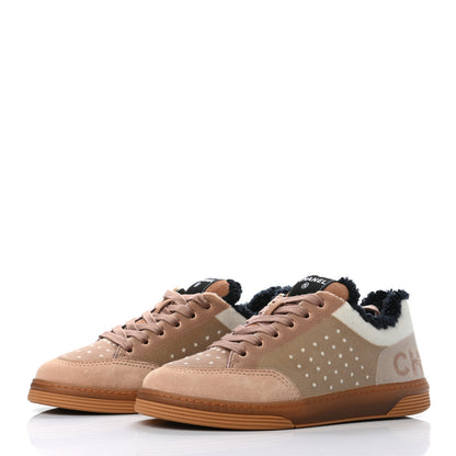 Chanel Fabric Suede Calfskin Logo Sneakers 39 Beige Black White 3 of 8
