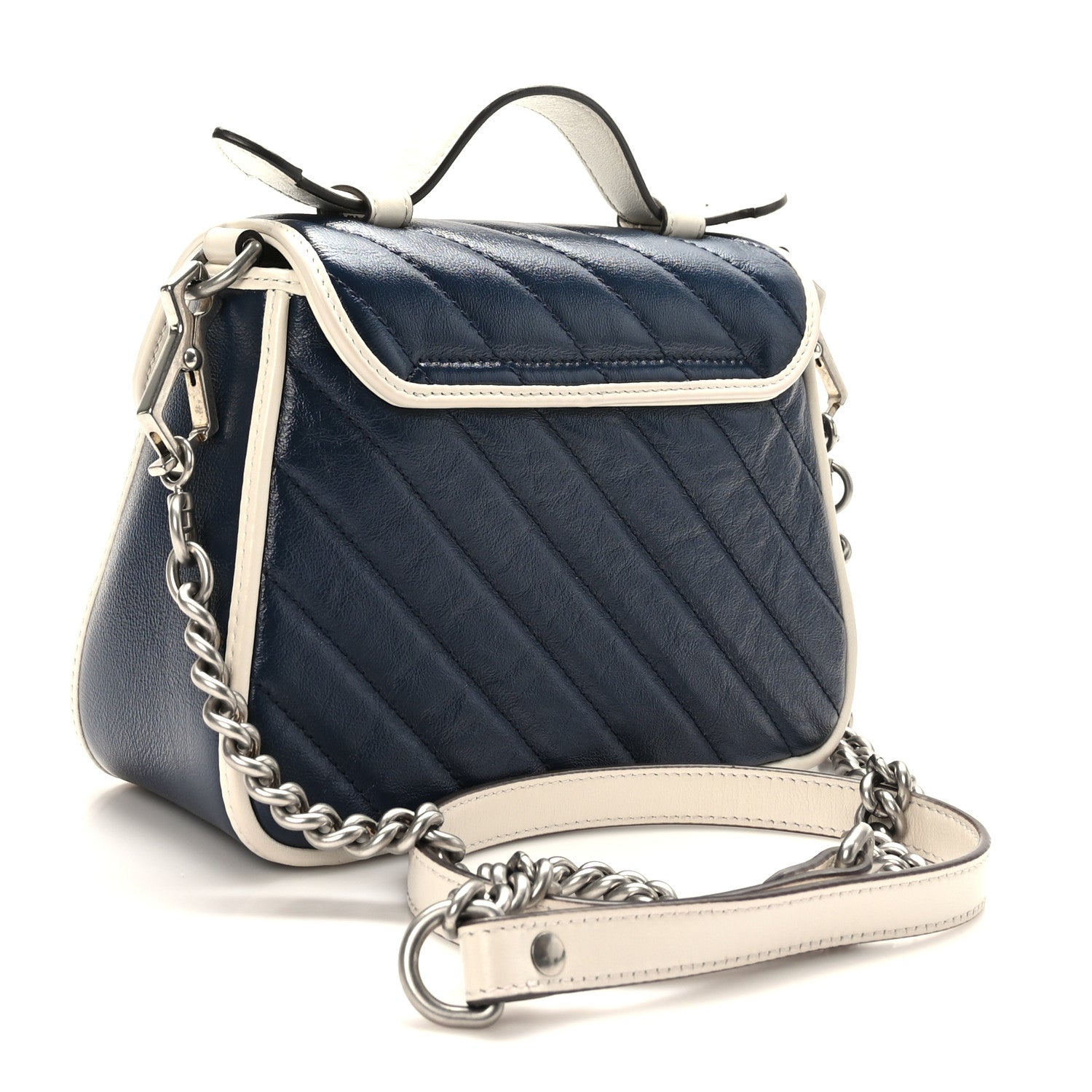 Gucci Vintage Effect Calfskin Matelasse Diagonal Mini Torchon GG Marmont Top Handle Shoulder Bag Blue Agata Mystic White 3 of 10