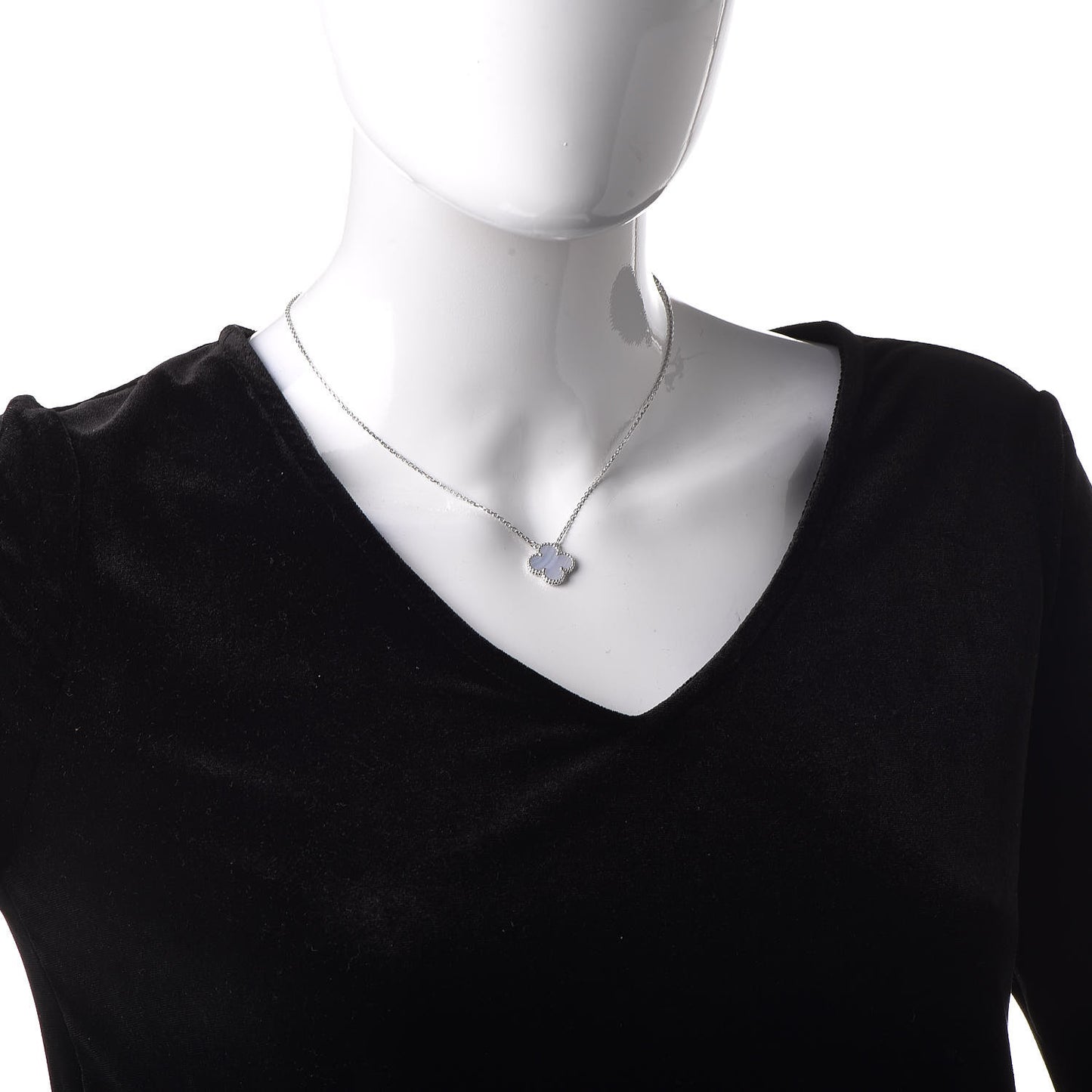 18K White Gold Chalcedony Vintage Alhambra Pendant Necklace