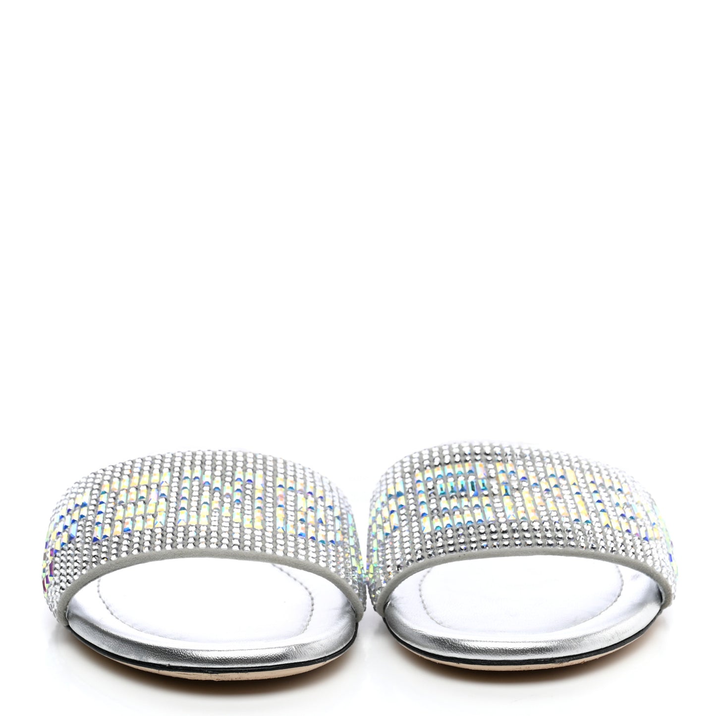 Laminated Goatskin Baguette Crystal Embroidered Signature Flat Slide Sandals 39 Silver