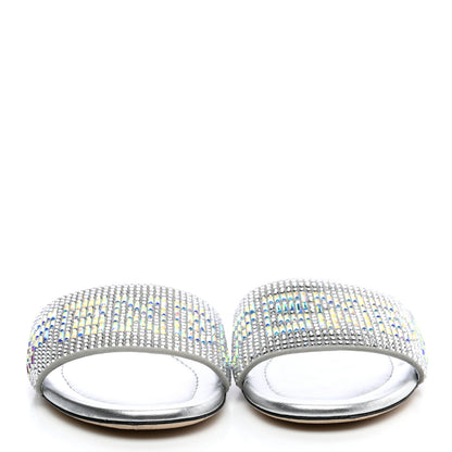 Fendi Laminated Goatskin Baguette Crystal Embroidered Signature Flat Slide Sandals 39 Silver 2 of 11