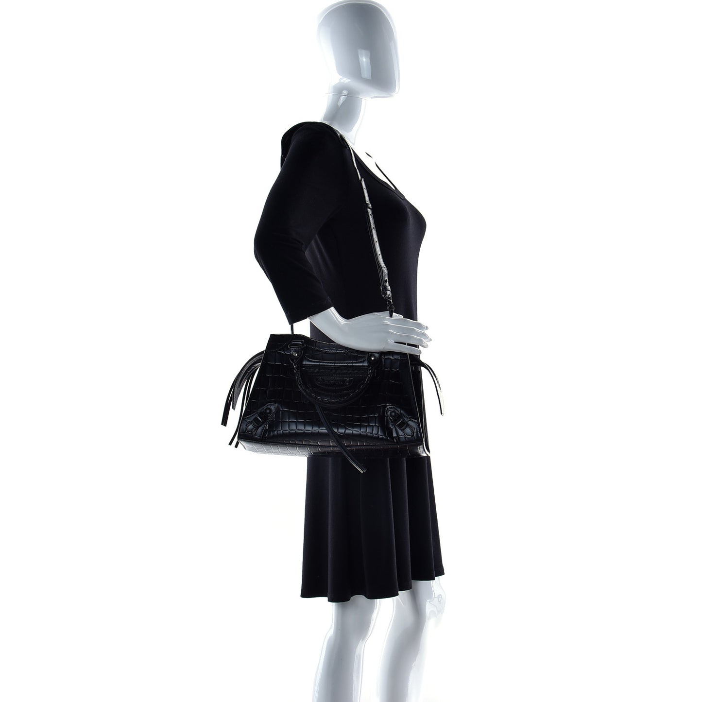 Semi Shiny Calfskin Crocodile Embossed Neo Classic Black Hardware S City Black