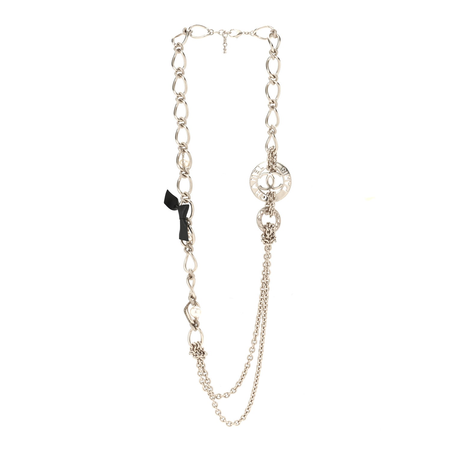 Chanel Metal Pearl Chain CC Paris Pendant Long Necklace Light Gold 3 of 6