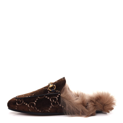 Gucci Velvet GG Monogram Fur Womens Princetown Slippers 37.5 Brown Black Natural 1 of 10