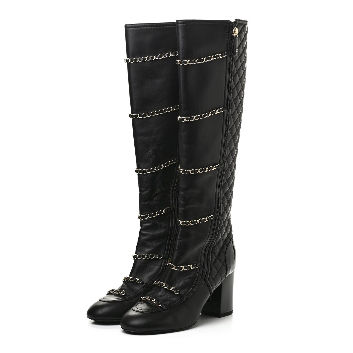 Lambskin Patent Calfskin Chained High Boots 39 Black