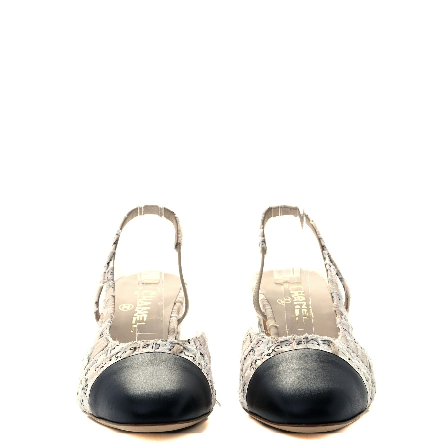 Chanel Tweed Lambskin Cap Toe CC Logo Slingback Pumps 39.5 Ivory Black 2 of 9