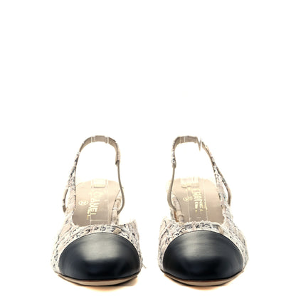 Chanel Tweed Lambskin Cap Toe CC Logo Slingback Pumps 39.5 Ivory Black 2 of 9