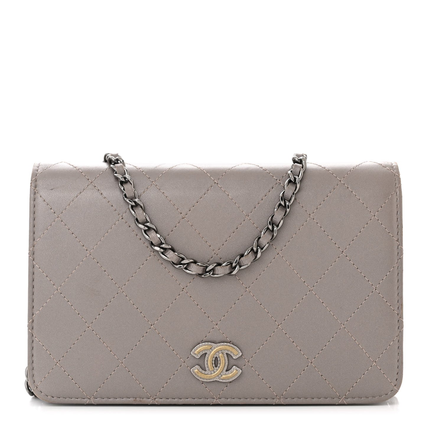 Calfskin Resin Stitched Wallet On Chain WOC Grey