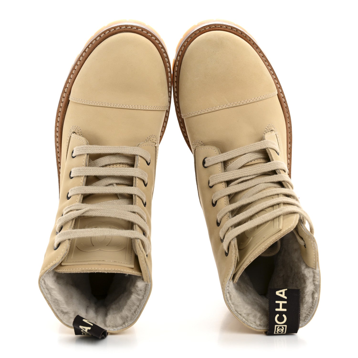 Chanel Calfskin Suede Quilted Lace Up Combat Boots 37 Light Beige 2 of 9