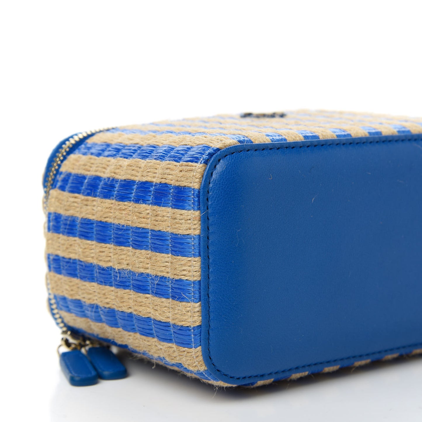 Raffia Jute Striped Small Vanity Case With Chain Blue Beige