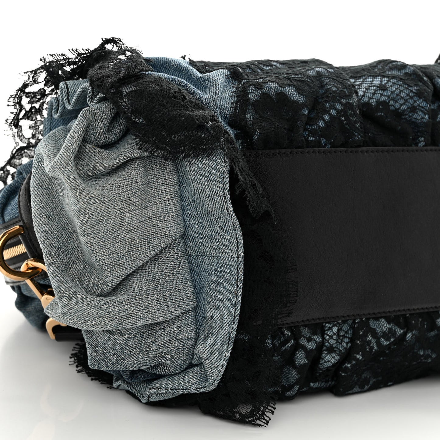 Denim Lace Calfskin Ruffled Miss Rouche Satchel Blue Black