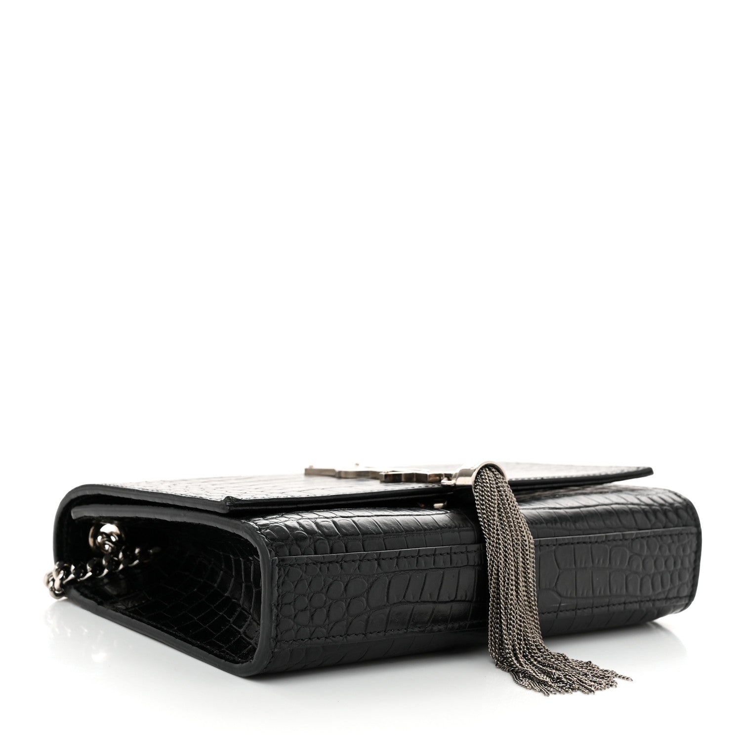Saint Laurent Calfskin Crocodile Embossed Small Classic Monogram Kate Tassel Satchel Black 4 of 11