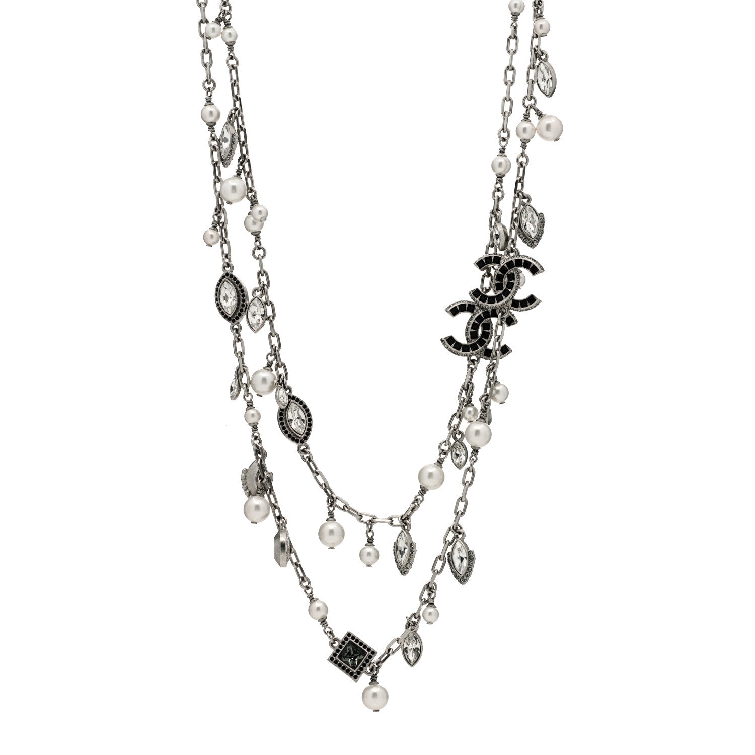 Chanel Crystal Pearl CC Long Necklace Silver Grey 1 of 5