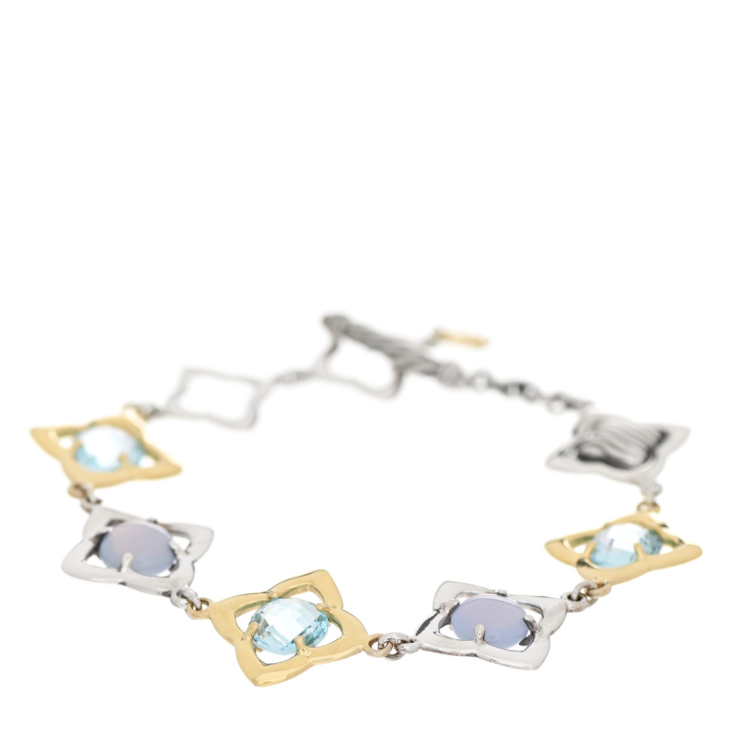 David Yurman Sterling Silver 18K Yellow Gold Chalcedony Blue Topaz Quatrefoil Bracelet 1 of 4