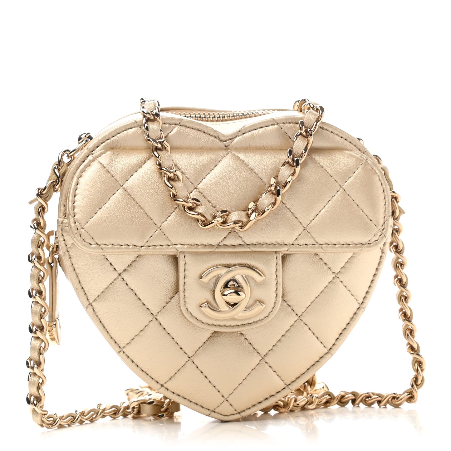 Metallic Lambskin Quilted CC In Love Heart Clutch With Chain Gold