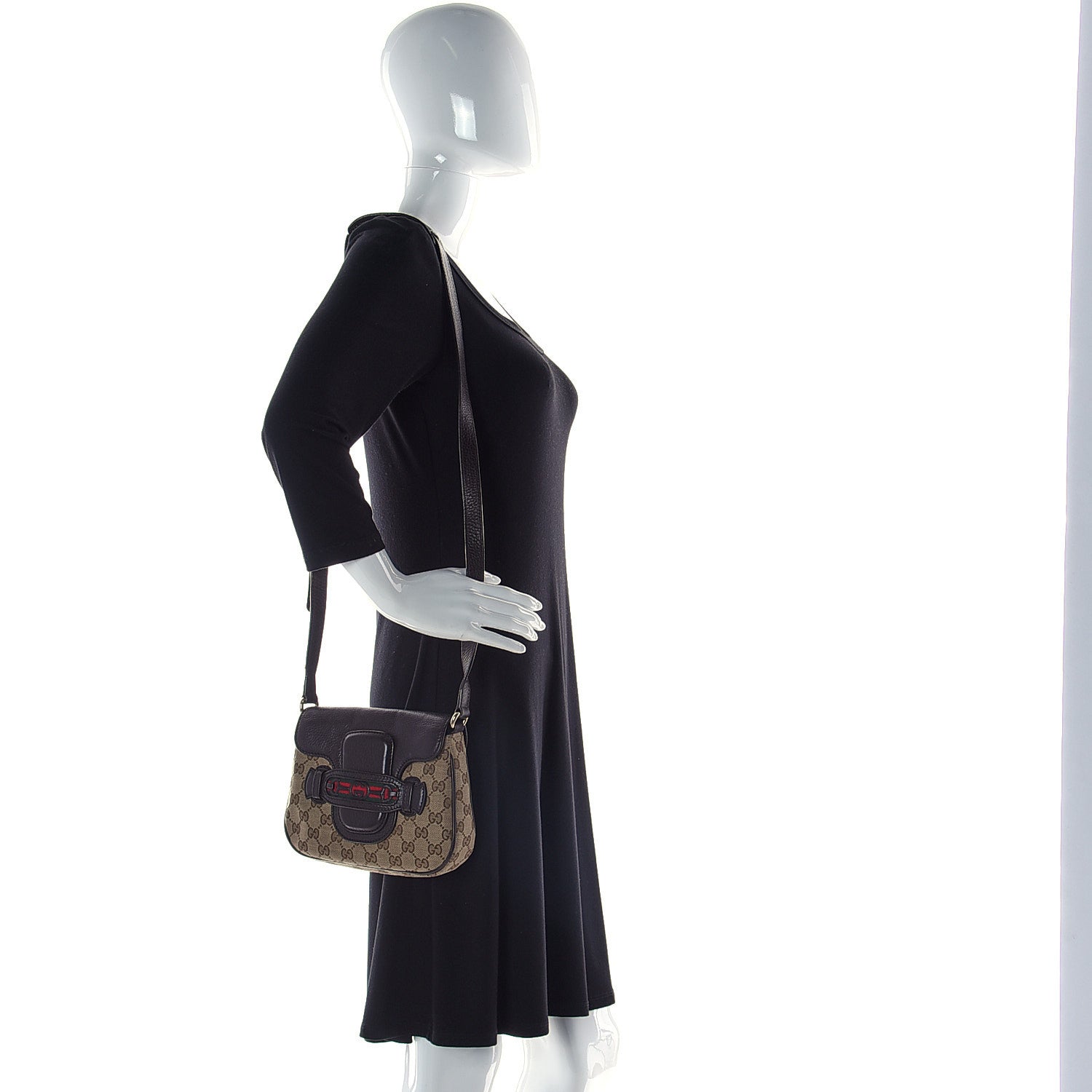 Gucci Monogram Pebbled Calfskin Web Small Dressage Shoulder Bag Dark Brown 3 of 15