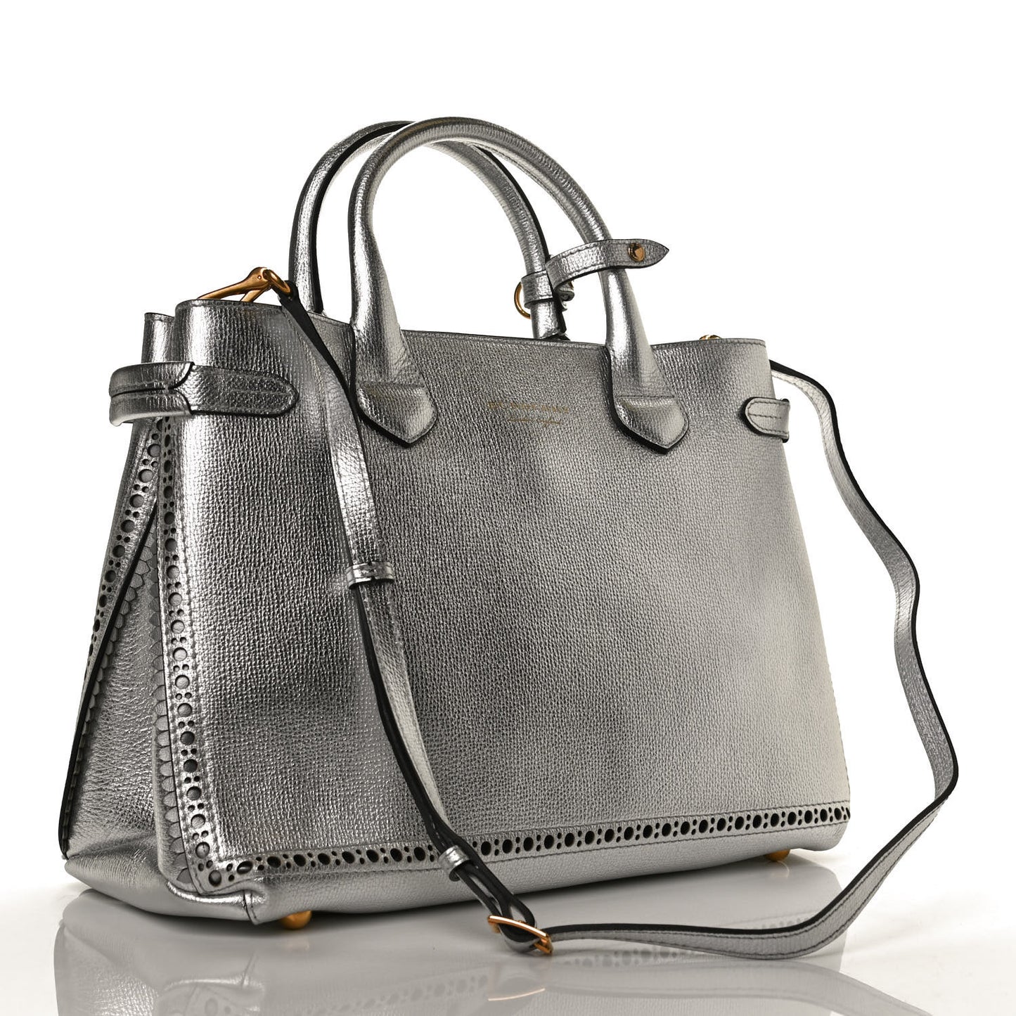 Metallic Calfskin Broguing Medium Banner Tote Silver