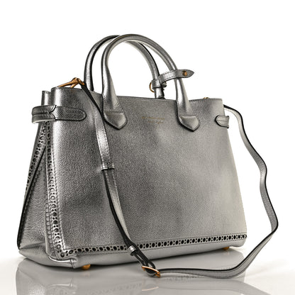 Burberry Metallic Calfskin Broguing Medium Banner Tote Silver 2 of 10
