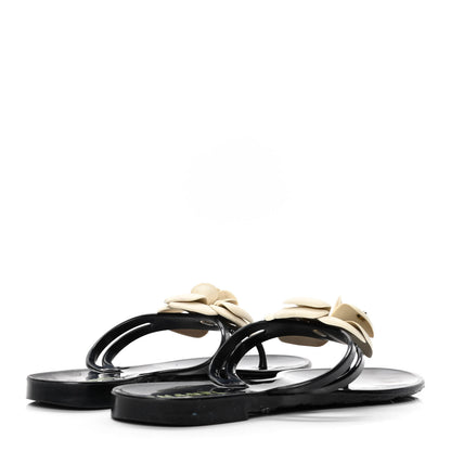 Chanel Jelly Camellia Thong Sandals 38 Black Ivory 3 of 5