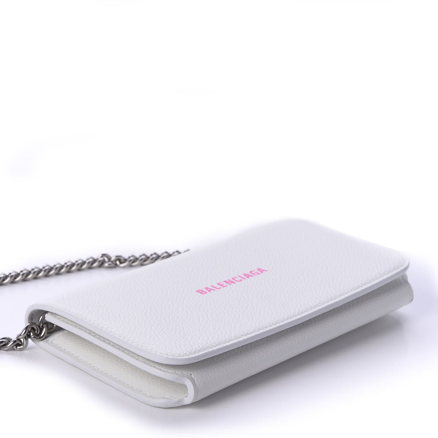 Grained Calfskin Logo Cash Phone Holder Wallet On Chain White Fluo Pink