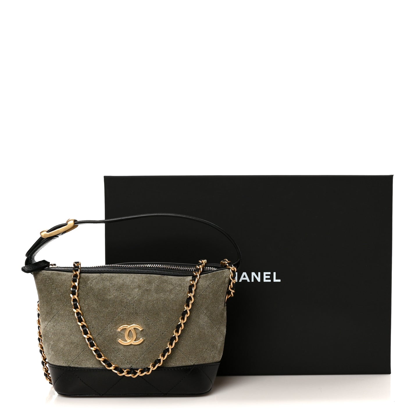 Suede Calfskin Shiny Lambskin Quilted Coco Base Hobo Clutch With Chain Khaki Black