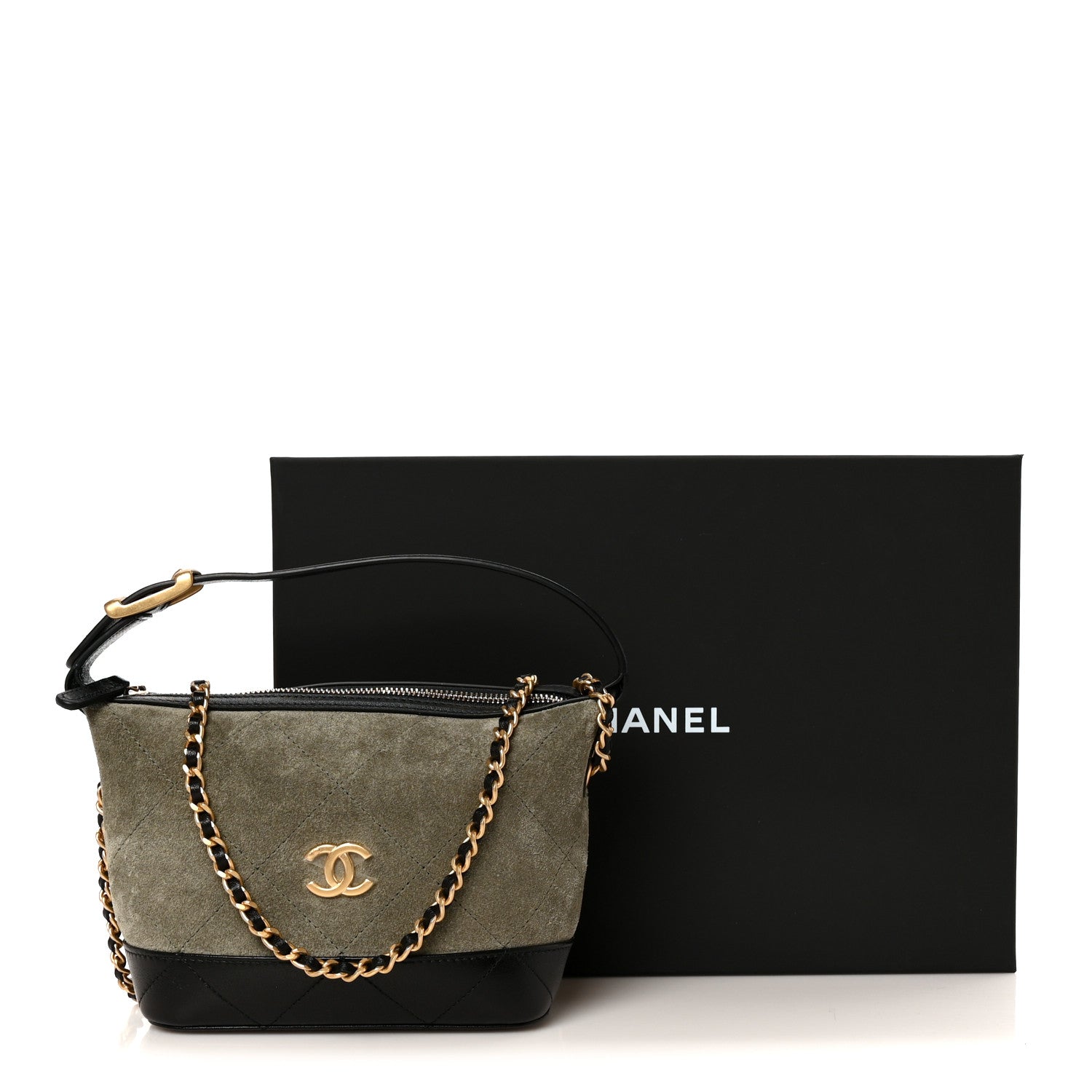 Chanel Suede Calfskin Shiny Lambskin Quilted Coco Base Hobo Clutch With Chain Khaki Black 11 of 11