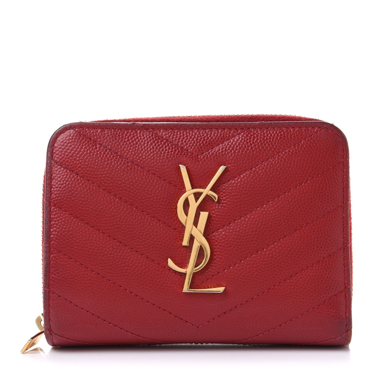Saint Laurent Grain De Poudre Matelasse Chevron Monogram Compact Zip Around Wallet Rouge Eros 1 of 9
