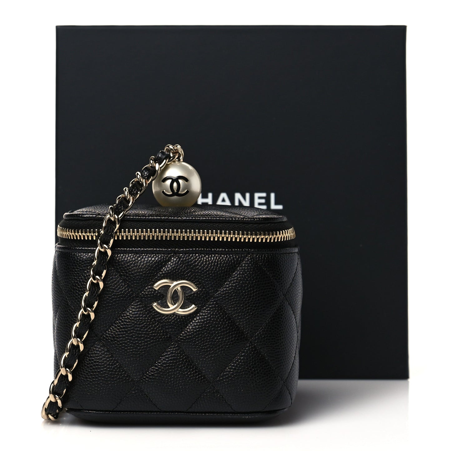 Caviar Quilted Mini Pearl On Top Vanity Case With Chain Black