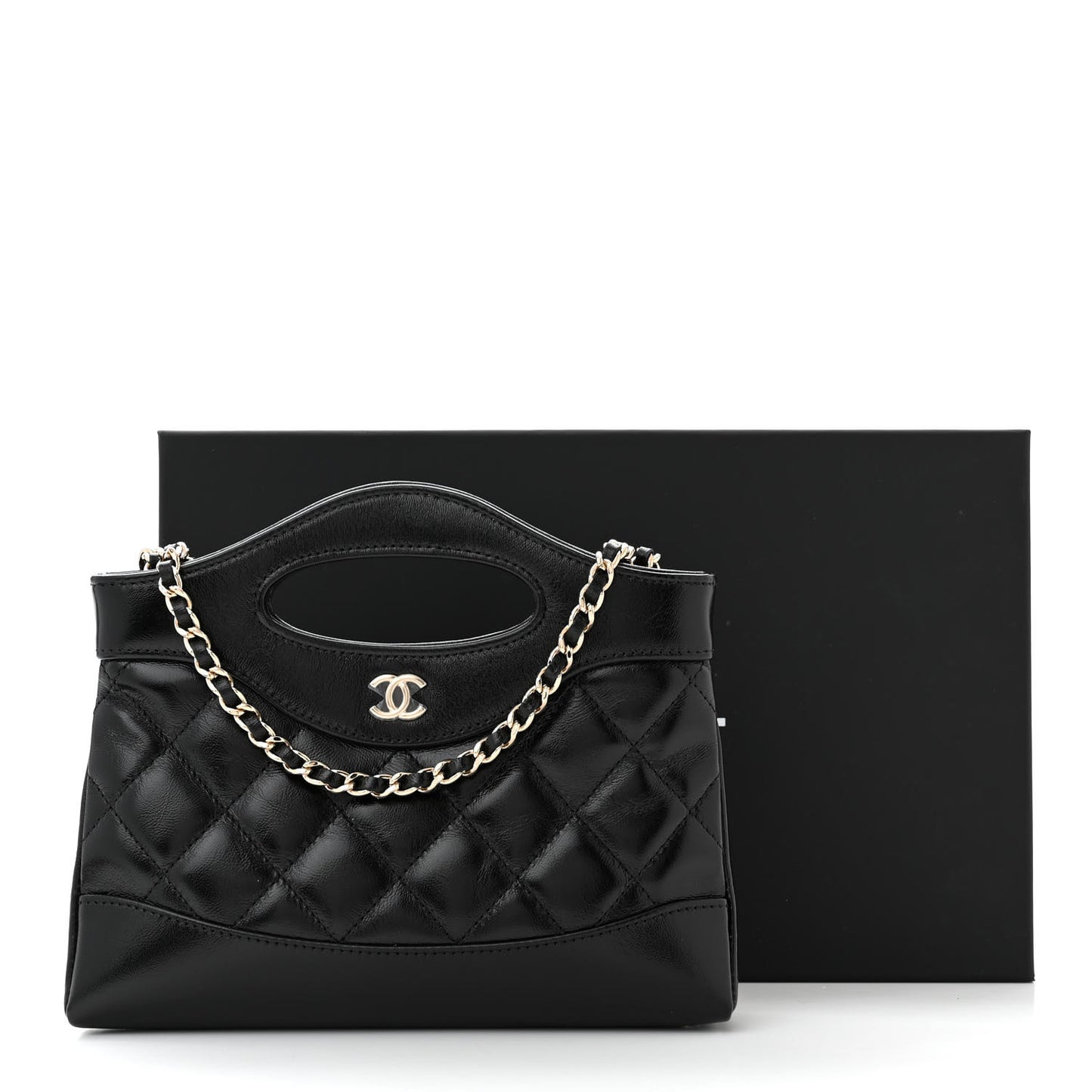 Shiny Crumpled Calfskin Quilted Nano 31 Shopping Bag Black