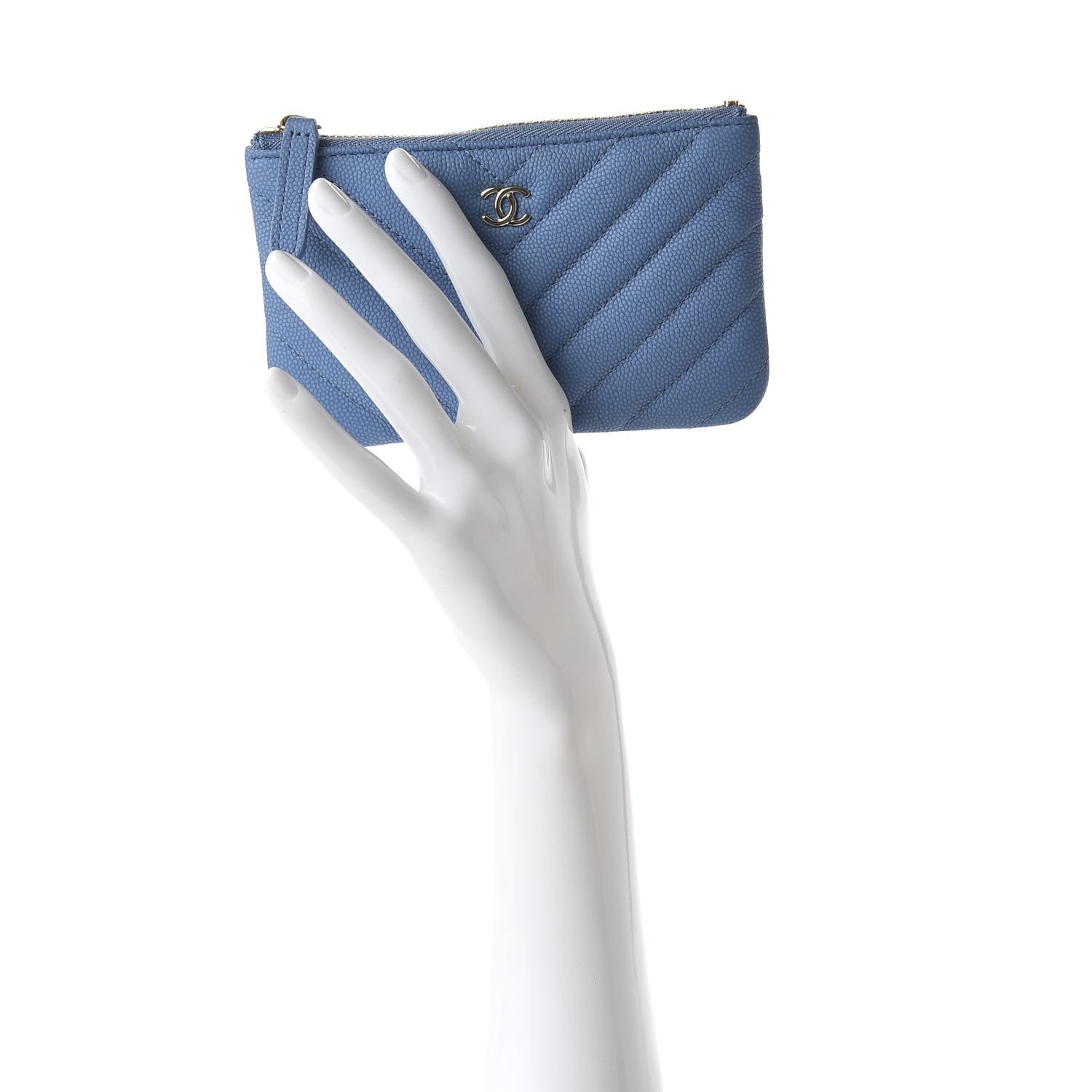Chanel Flat Caviar Chevron Quilted Small Cosmetic Case Blue 2 of 11