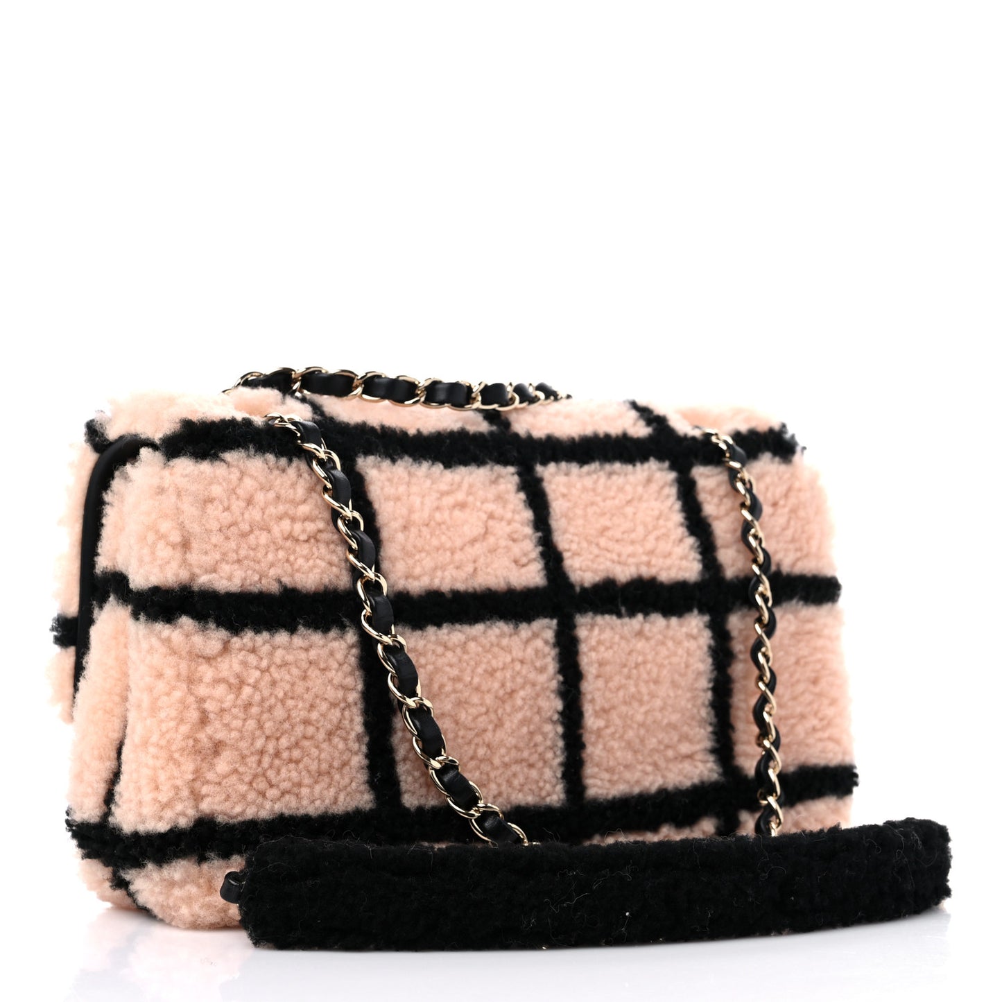 Shearling Lambskin Large Fluffy Tartan Single Flap Pink Black