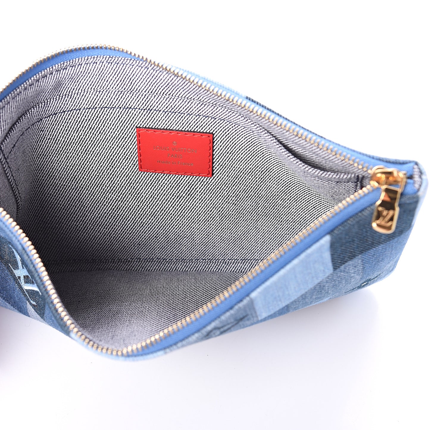 Denim Damier Monogram Patchwork Neverfull MM Pochette Blue Rouge