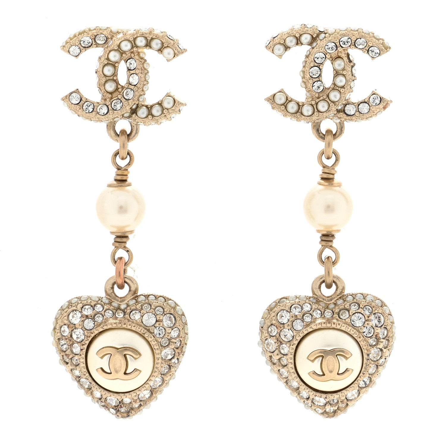 Chanel Pearl Crystal CC Heart Drop Earrings Gold White 1 of 5
