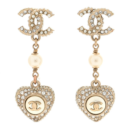 Chanel Pearl Crystal CC Heart Drop Earrings Gold White 1 of 5