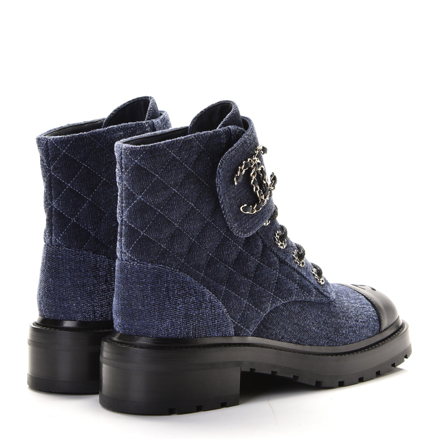 Chanel Denim Calfskin Quilted Lace Up Combat Boots 38 Blue 5 of 6