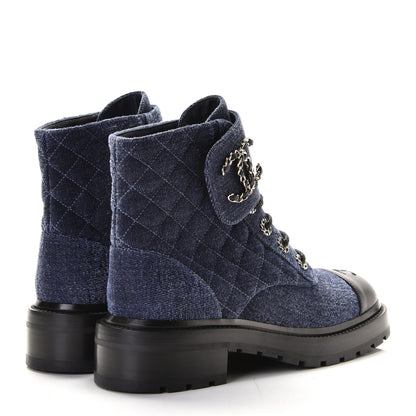 Chanel Denim Calfskin Quilted Lace Up Combat Boots 38 Blue 5 of 6