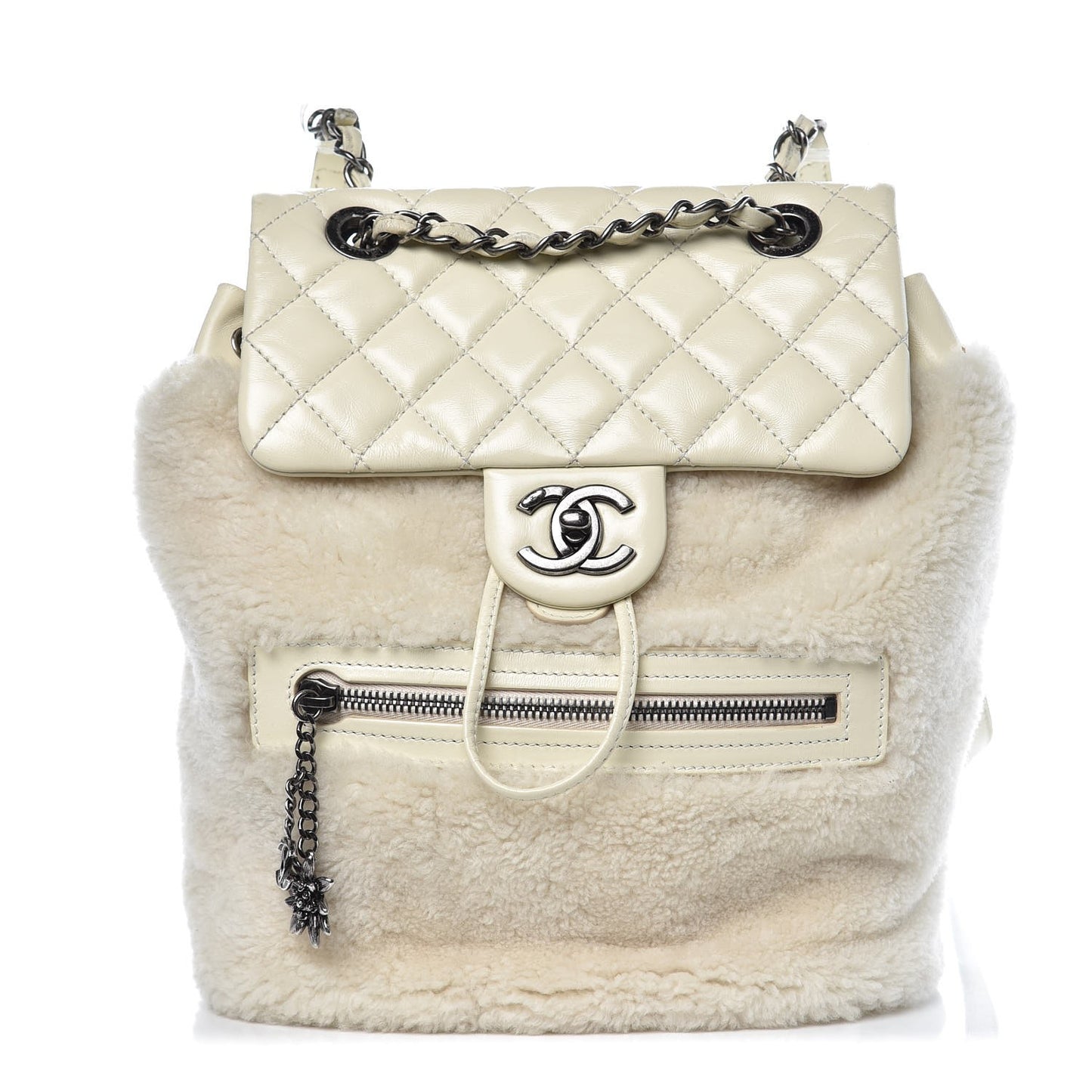 Glazed Calfskin Shearling Quilted Small Mountain Backpack Ivory