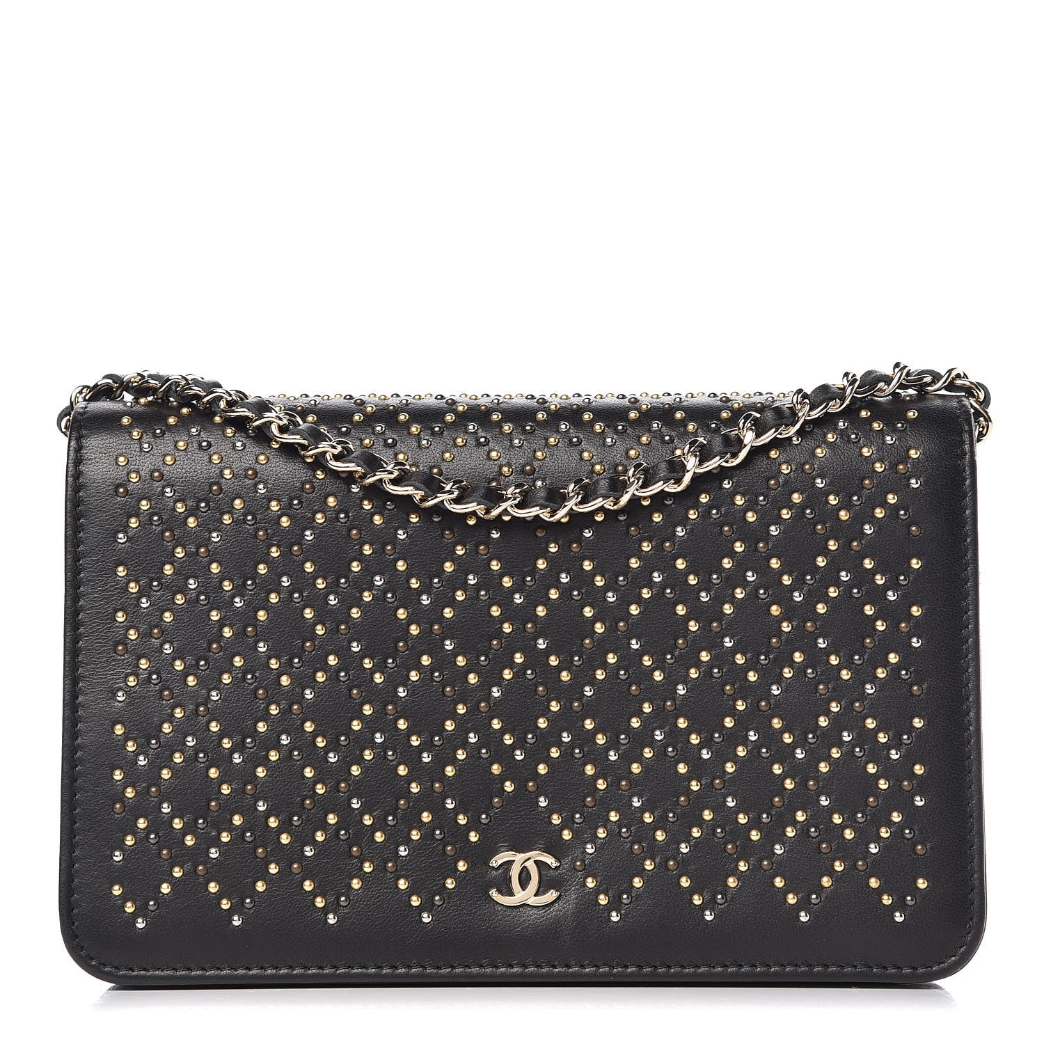 Chanel Lambskin Studded Wallet On Chain WOC Black 1 of 12