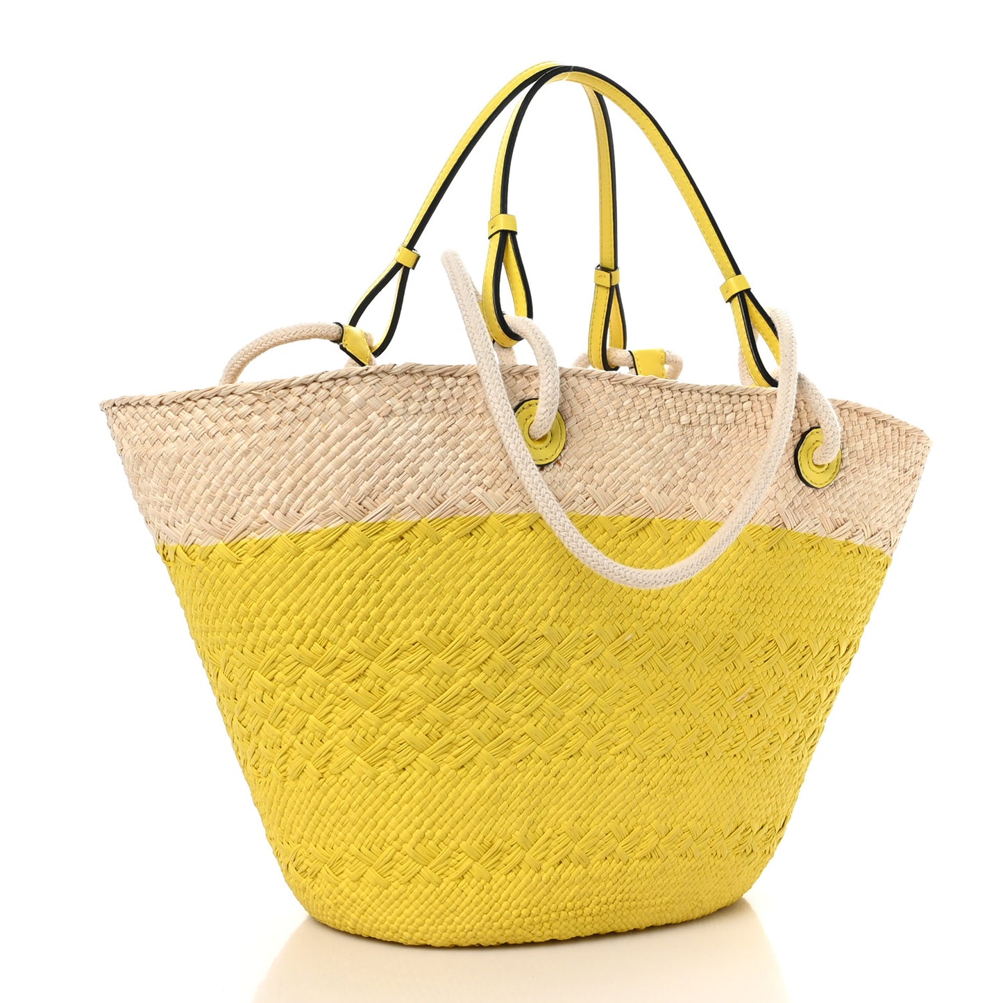 Calfskin Raffia Paulas Ibiza Medium Anagram Basket Tote Bag Natural Lemon