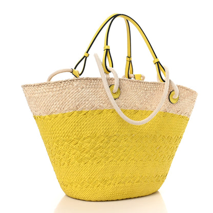 Loewe Calfskin Raffia Paulas Ibiza Medium Anagram Basket Tote Bag Natural Lemon 3 of 8