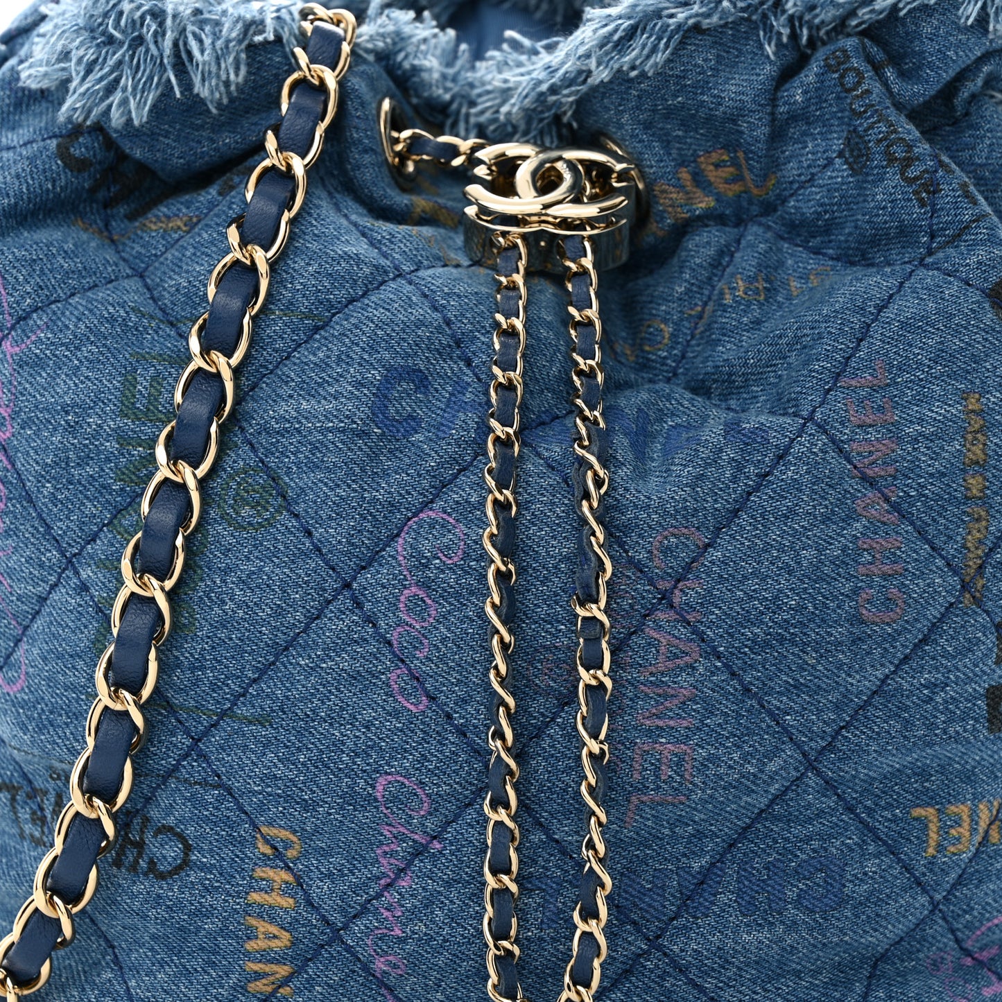 Denim Quilted Mood Bucket With Chain Blue Multicolor