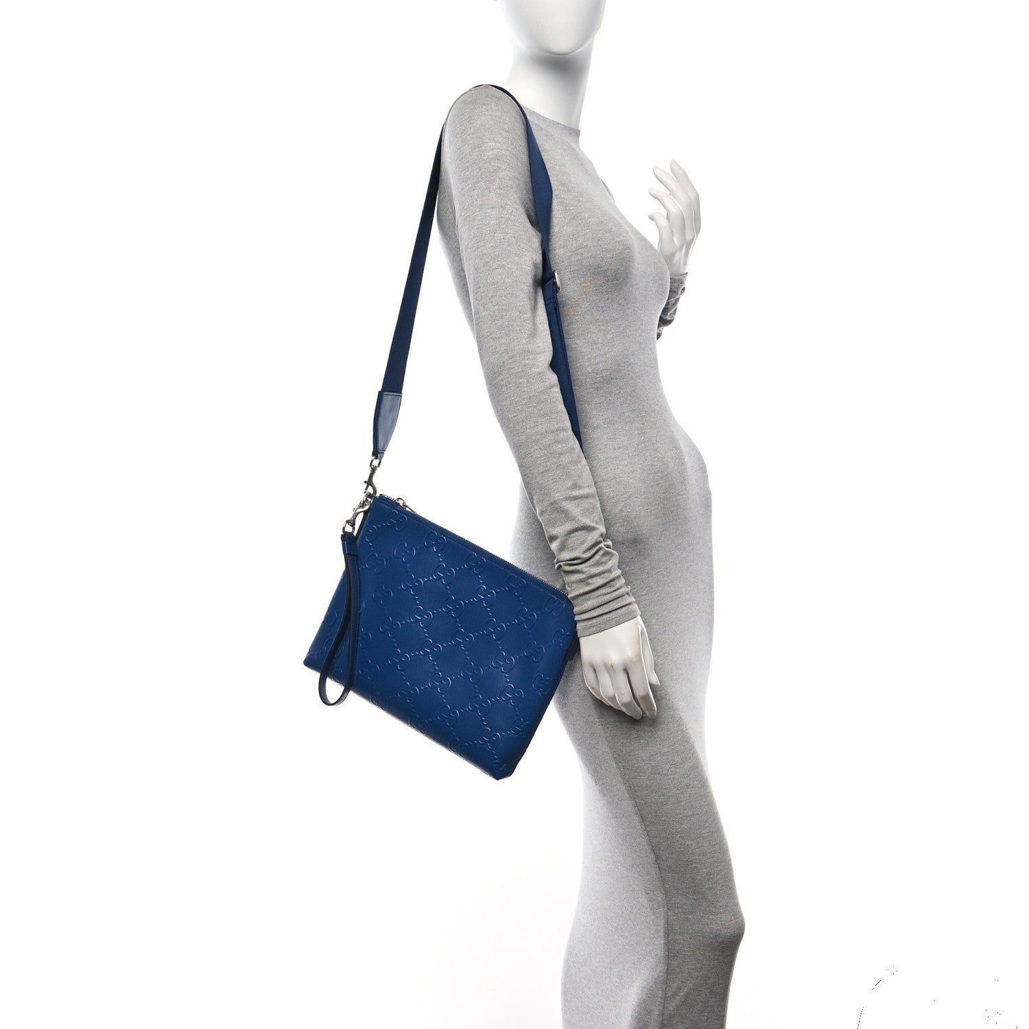 Gucci Calfskin GG Tennis Embossed Medium Wristlet Messenger Bag Intense Metal Blue 2 of 11